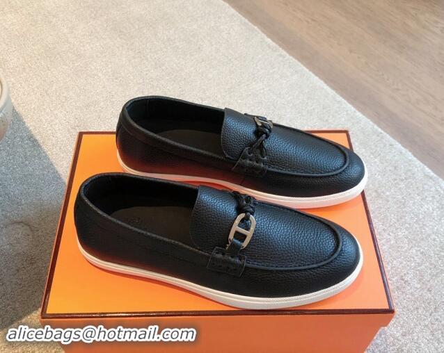 Sophisticated Hermes Ignacio Loafers Flat with Chaine d'Ancre Buckle in Grained Calfskin Black 1008059