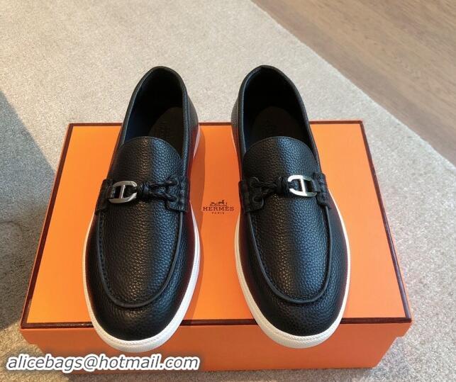 Sophisticated Hermes Ignacio Loafers Flat with Chaine d'Ancre Buckle in Grained Calfskin Black 1008059