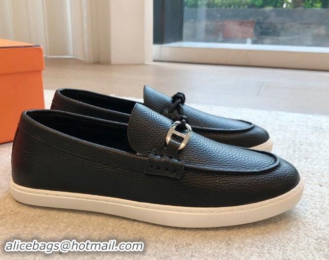 Sophisticated Hermes Ignacio Loafers Flat with Chaine d'Ancre Buckle in Grained Calfskin Black 1008059