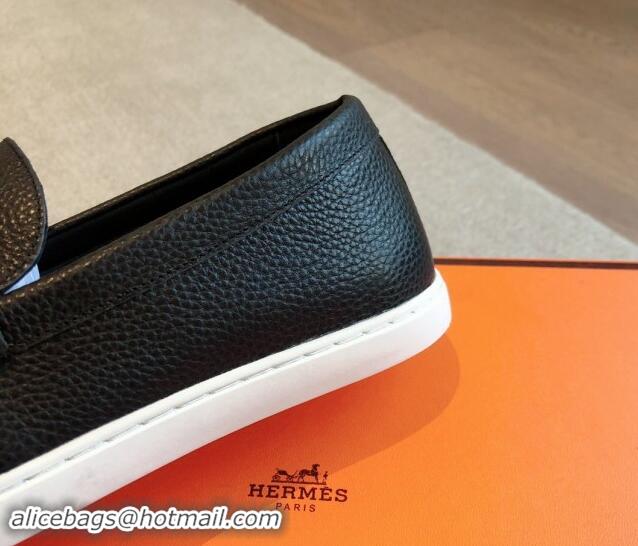 Sophisticated Hermes Ignacio Loafers Flat with Chaine d'Ancre Buckle in Grained Calfskin Black 1008059