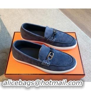 Big Discount Hermes Ignacio Loafers Flat with Chaine d'Ancre Buckle in Suede Dark Blue 1008060