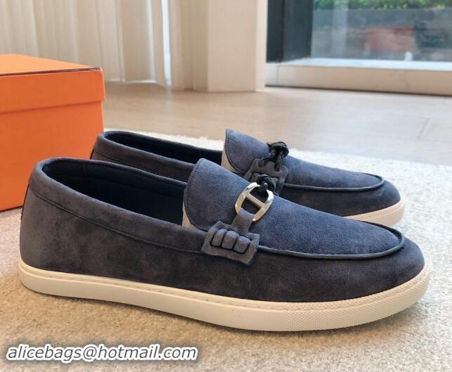 Big Discount Hermes Ignacio Loafers Flat with Chaine d'Ancre Buckle in Suede Dark Blue 1008060