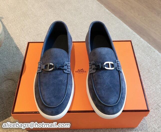 Big Discount Hermes Ignacio Loafers Flat with Chaine d'Ancre Buckle in Suede Dark Blue 1008060