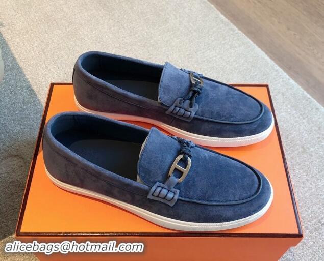 Big Discount Hermes Ignacio Loafers Flat with Chaine d'Ancre Buckle in Suede Dark Blue 1008060