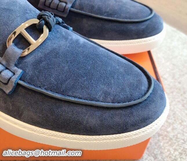 Big Discount Hermes Ignacio Loafers Flat with Chaine d'Ancre Buckle in Suede Dark Blue 1008060