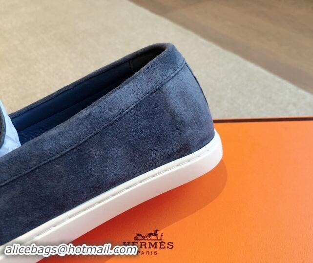 Big Discount Hermes Ignacio Loafers Flat with Chaine d'Ancre Buckle in Suede Dark Blue 1008060