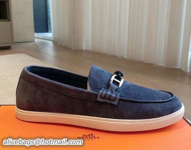 Big Discount Hermes Ignacio Loafers Flat with Chaine d'Ancre Buckle in Suede Dark Blue 1008060