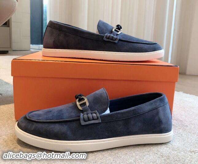 Big Discount Hermes Ignacio Loafers Flat with Chaine d'Ancre Buckle in Suede Dark Blue 1008060