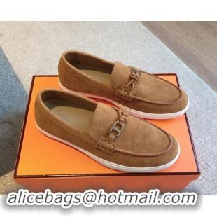 Buy Fashionable Hermes Ignacio Loafers Flat with Chaine d'Ancre Buckle in Suede Brown 1008061