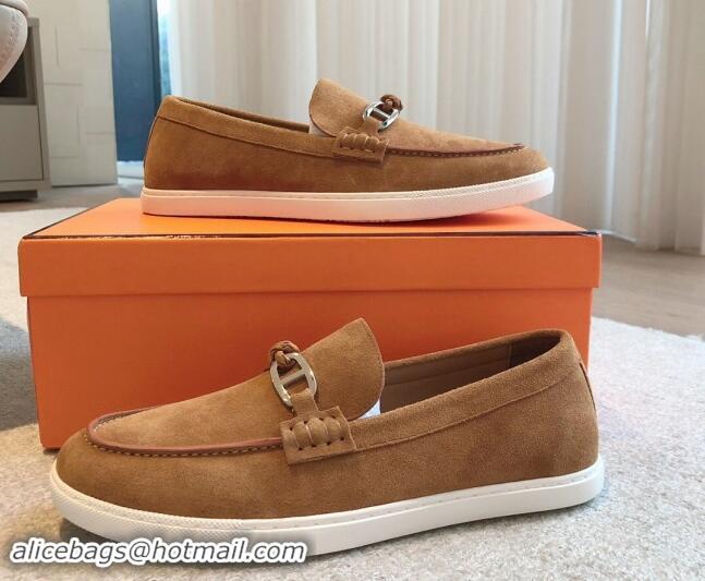 Buy Fashionable Hermes Ignacio Loafers Flat with Chaine d'Ancre Buckle in Suede Brown 1008061