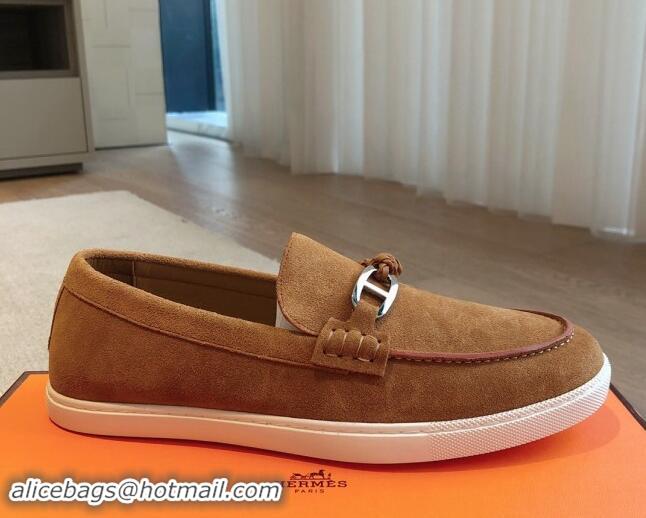 Buy Fashionable Hermes Ignacio Loafers Flat with Chaine d'Ancre Buckle in Suede Brown 1008061