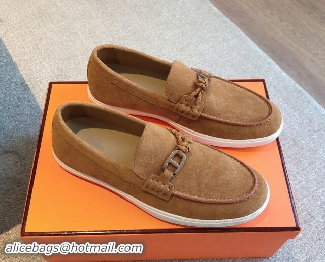 Buy Fashionable Hermes Ignacio Loafers Flat with Chaine d'Ancre Buckle in Suede Brown 1008061