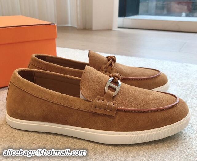 Buy Fashionable Hermes Ignacio Loafers Flat with Chaine d'Ancre Buckle in Suede Brown 1008061