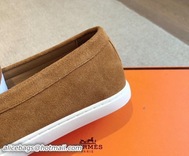 Buy Fashionable Hermes Ignacio Loafers Flat with Chaine d'Ancre Buckle in Suede Brown 1008061