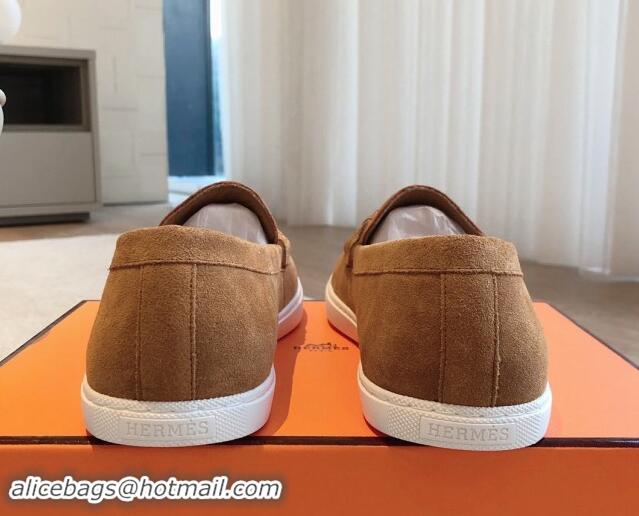 Buy Fashionable Hermes Ignacio Loafers Flat with Chaine d'Ancre Buckle in Suede Brown 1008061