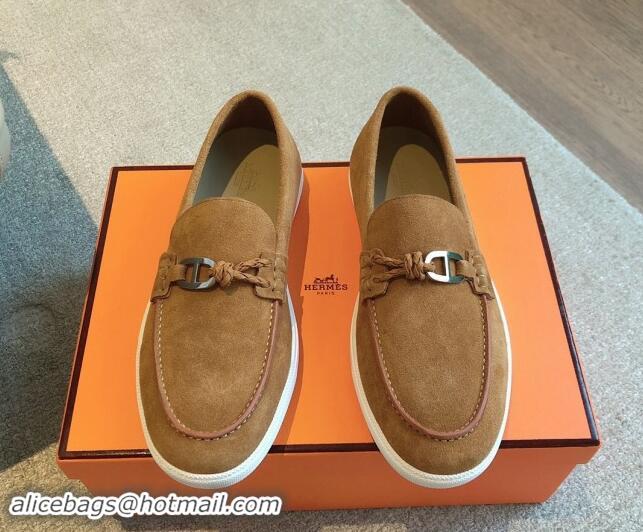 Buy Fashionable Hermes Ignacio Loafers Flat with Chaine d'Ancre Buckle in Suede Brown 1008061