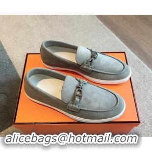 Lower Price Hermes Ignacio Loafers Flat with Chaine d'Ancre Buckle in Suede Light Grey 1008062