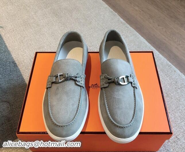 Lower Price Hermes Ignacio Loafers Flat with Chaine d'Ancre Buckle in Suede Light Grey 1008062