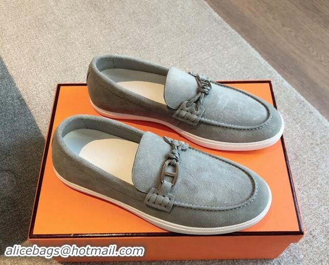 Lower Price Hermes Ignacio Loafers Flat with Chaine d'Ancre Buckle in Suede Light Grey 1008062