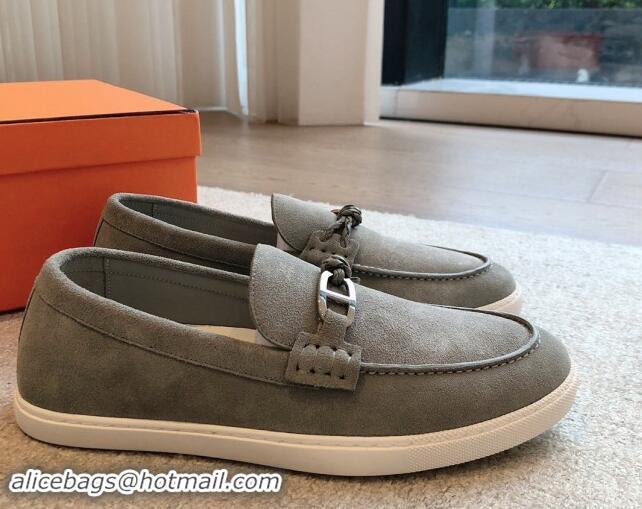 Lower Price Hermes Ignacio Loafers Flat with Chaine d'Ancre Buckle in Suede Light Grey 1008062