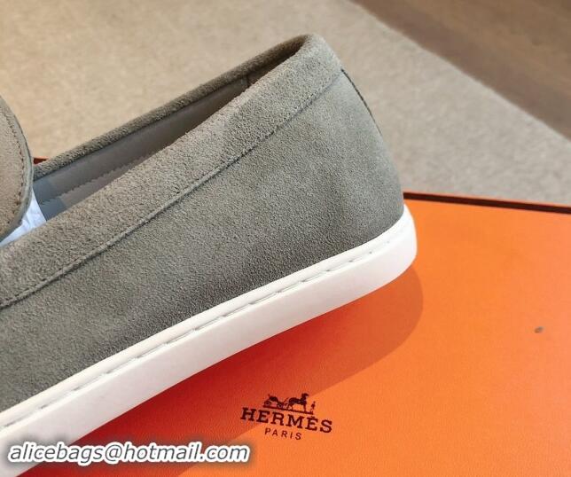 Lower Price Hermes Ignacio Loafers Flat with Chaine d'Ancre Buckle in Suede Light Grey 1008062