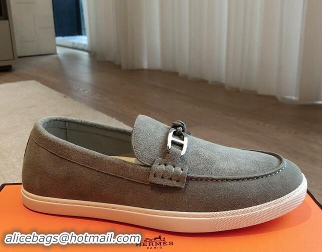 Lower Price Hermes Ignacio Loafers Flat with Chaine d'Ancre Buckle in Suede Light Grey 1008062