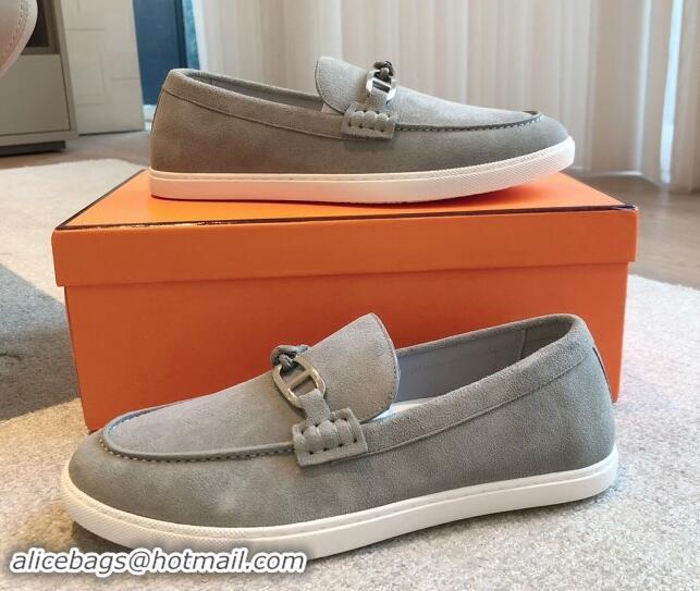 Lower Price Hermes Ignacio Loafers Flat with Chaine d'Ancre Buckle in Suede Light Grey 1008062