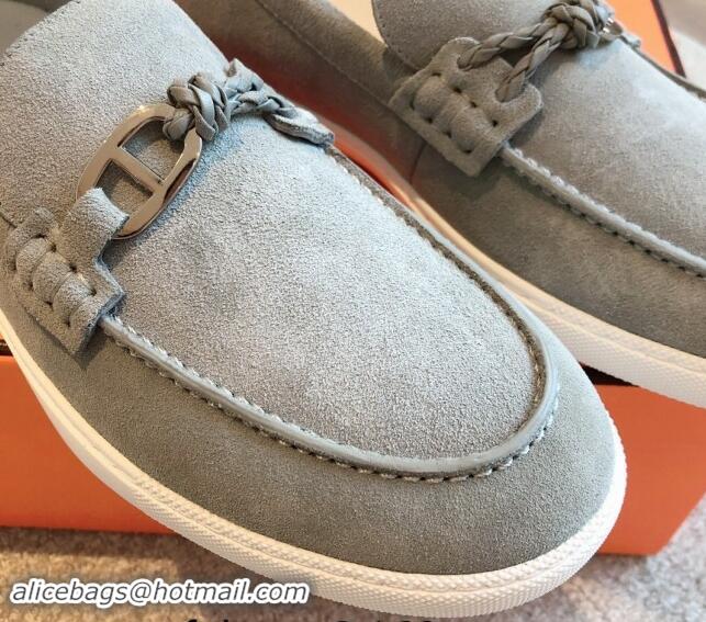 Lower Price Hermes Ignacio Loafers Flat with Chaine d'Ancre Buckle in Suede Light Grey 1008062