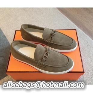 Buy Luxury Hermes Ignacio Loafers Flat with Chaine d'Ancre Buckle in Suede Grey 1008063