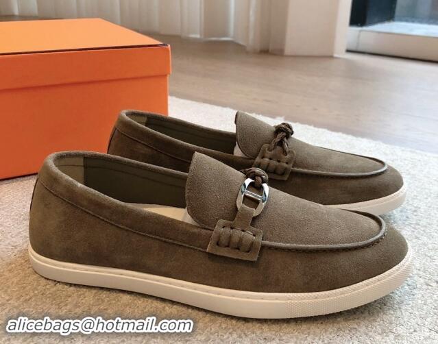 Buy Luxury Hermes Ignacio Loafers Flat with Chaine d'Ancre Buckle in Suede Grey 1008063