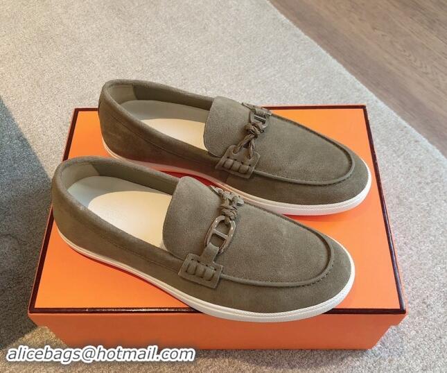 Buy Luxury Hermes Ignacio Loafers Flat with Chaine d'Ancre Buckle in Suede Grey 1008063