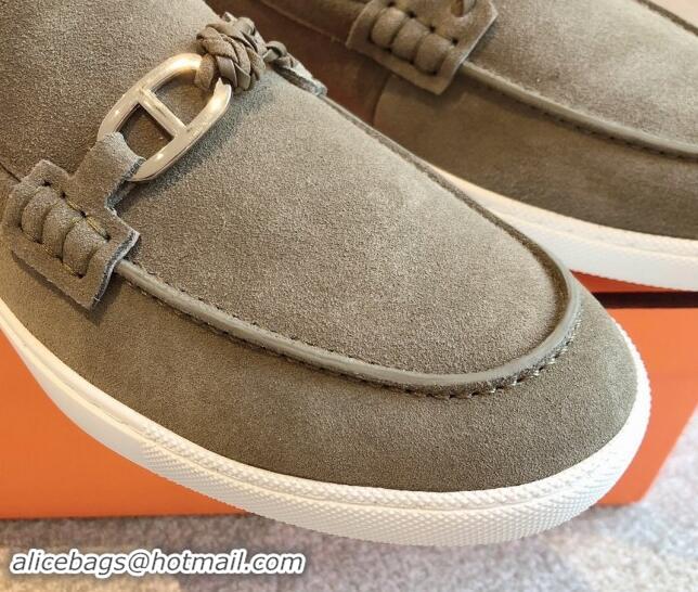 Buy Luxury Hermes Ignacio Loafers Flat with Chaine d'Ancre Buckle in Suede Grey 1008063