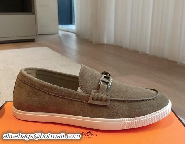 Buy Luxury Hermes Ignacio Loafers Flat with Chaine d'Ancre Buckle in Suede Grey 1008063