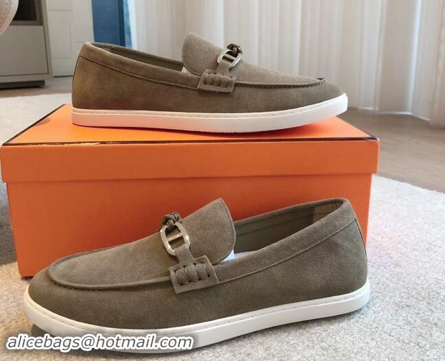 Buy Luxury Hermes Ignacio Loafers Flat with Chaine d'Ancre Buckle in Suede Grey 1008063