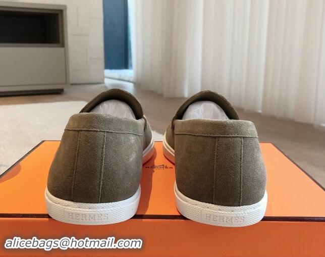 Buy Luxury Hermes Ignacio Loafers Flat with Chaine d'Ancre Buckle in Suede Grey 1008063