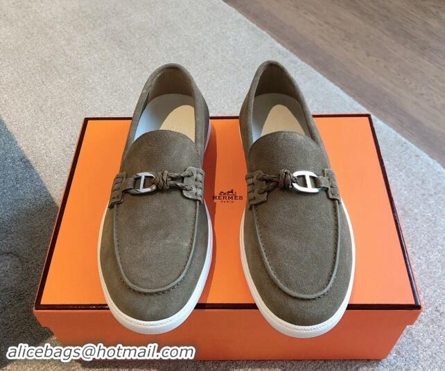 Buy Luxury Hermes Ignacio Loafers Flat with Chaine d'Ancre Buckle in Suede Grey 1008063