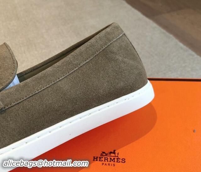 Buy Luxury Hermes Ignacio Loafers Flat with Chaine d'Ancre Buckle in Suede Grey 1008063