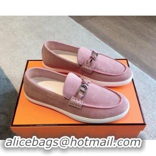 Good Quality Hermes Ignacio Loafers Flat with Chaine d'Ancre Buckle in Suede Pink 1008064