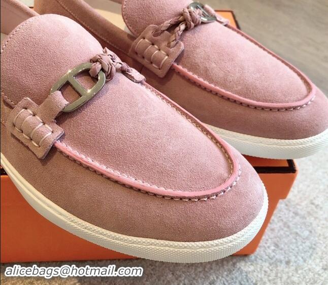 Good Quality Hermes Ignacio Loafers Flat with Chaine d'Ancre Buckle in Suede Pink 1008064