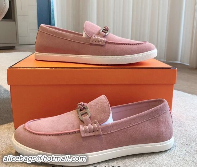 Good Quality Hermes Ignacio Loafers Flat with Chaine d'Ancre Buckle in Suede Pink 1008064