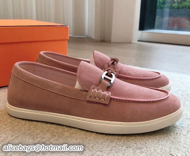 Good Quality Hermes Ignacio Loafers Flat with Chaine d'Ancre Buckle in Suede Pink 1008064