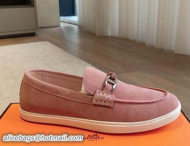 Good Quality Hermes Ignacio Loafers Flat with Chaine d'Ancre Buckle in Suede Pink 1008064