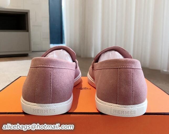 Good Quality Hermes Ignacio Loafers Flat with Chaine d'Ancre Buckle in Suede Pink 1008064