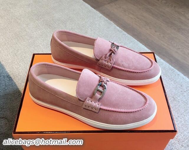 Good Quality Hermes Ignacio Loafers Flat with Chaine d'Ancre Buckle in Suede Pink 1008064