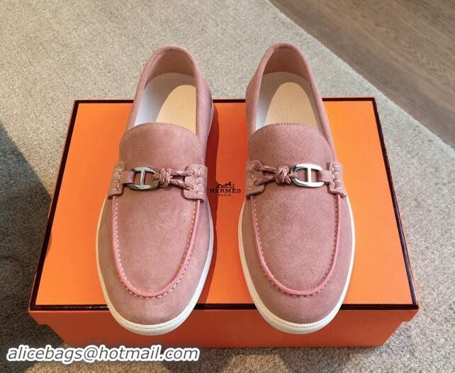 Good Quality Hermes Ignacio Loafers Flat with Chaine d'Ancre Buckle in Suede Pink 1008064