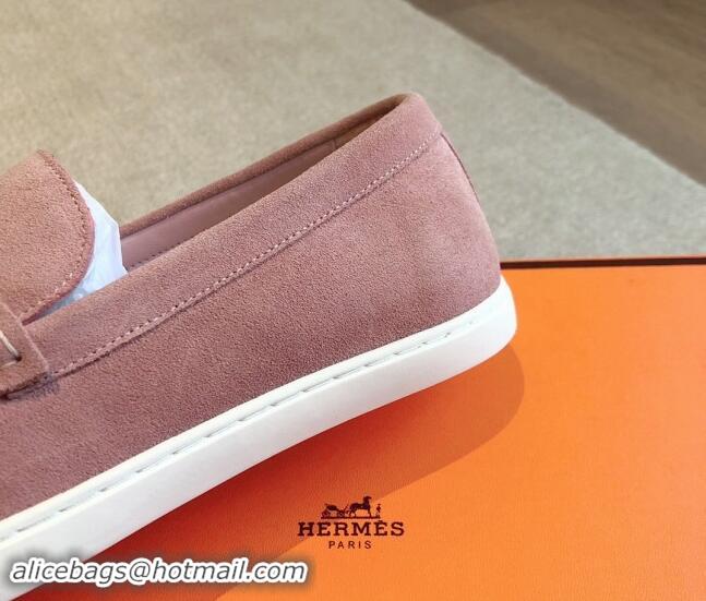 Good Quality Hermes Ignacio Loafers Flat with Chaine d'Ancre Buckle in Suede Pink 1008064