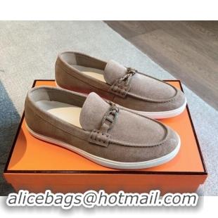 Grade Quality Hermes Ignacio Loafers Flat with Chaine d'Ancre Buckle in Suede Dark Beige 1008065