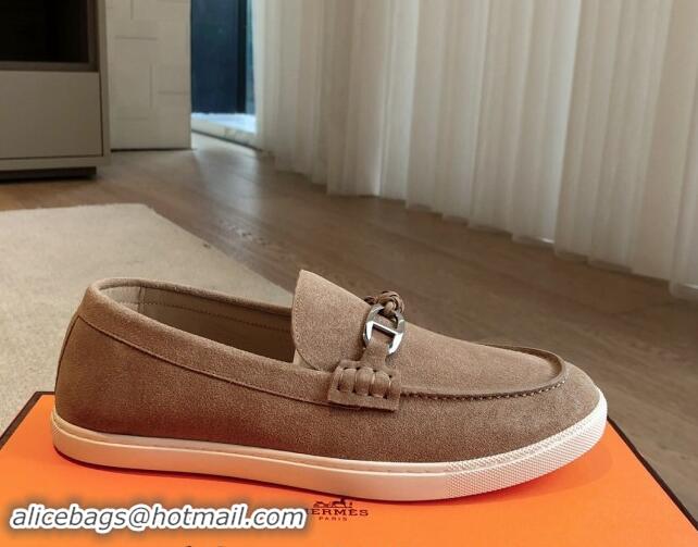 Grade Quality Hermes Ignacio Loafers Flat with Chaine d'Ancre Buckle in Suede Dark Beige 1008065