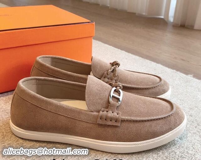 Grade Quality Hermes Ignacio Loafers Flat with Chaine d'Ancre Buckle in Suede Dark Beige 1008065