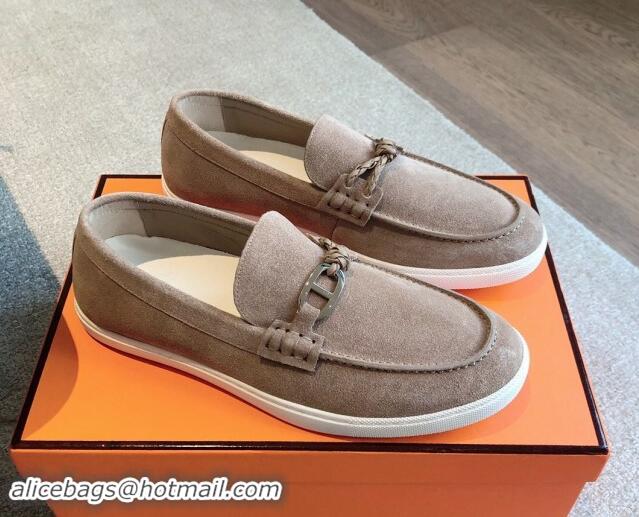 Grade Quality Hermes Ignacio Loafers Flat with Chaine d'Ancre Buckle in Suede Dark Beige 1008065